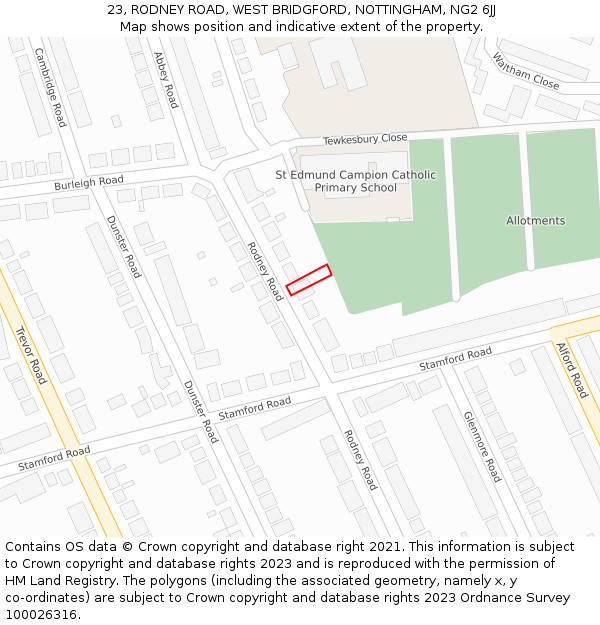 23, RODNEY ROAD, WEST BRIDGFORD, NOTTINGHAM, NG2 6JJ: Location map and indicative extent of plot