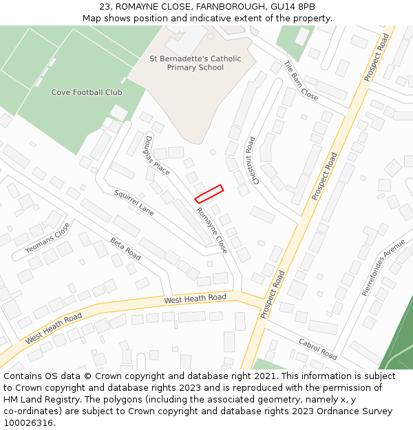 23, ROMAYNE CLOSE, FARNBOROUGH, GU14 8PB: Location map and indicative extent of plot