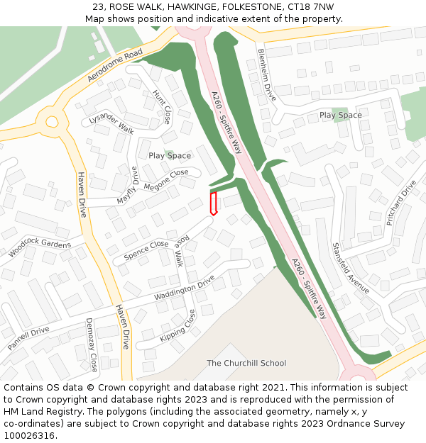 23, ROSE WALK, HAWKINGE, FOLKESTONE, CT18 7NW: Location map and indicative extent of plot