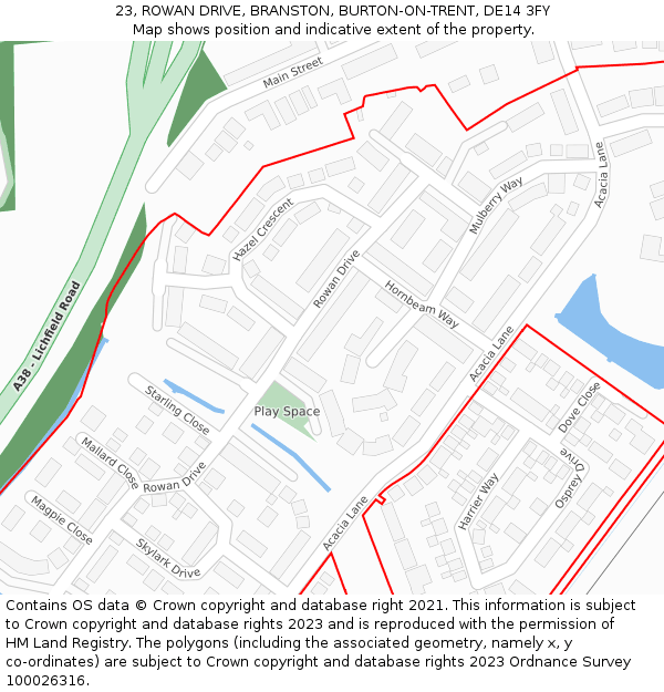 23, ROWAN DRIVE, BRANSTON, BURTON-ON-TRENT, DE14 3FY: Location map and indicative extent of plot