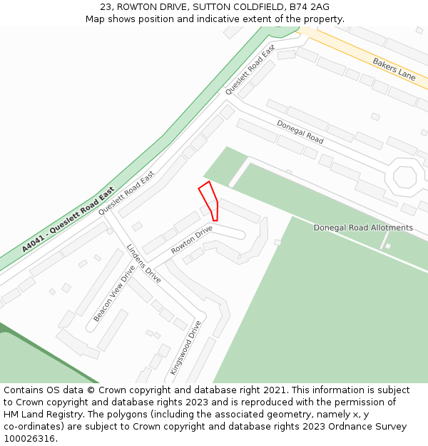 23, ROWTON DRIVE, SUTTON COLDFIELD, B74 2AG: Location map and indicative extent of plot