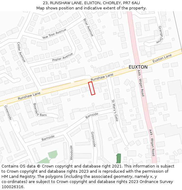 23, RUNSHAW LANE, EUXTON, CHORLEY, PR7 6AU: Location map and indicative extent of plot