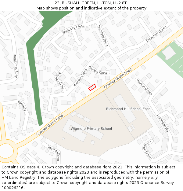 23, RUSHALL GREEN, LUTON, LU2 8TL: Location map and indicative extent of plot