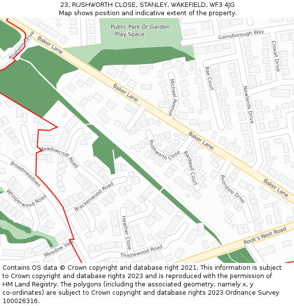 23, RUSHWORTH CLOSE, STANLEY, WAKEFIELD, WF3 4JG: Location map and indicative extent of plot