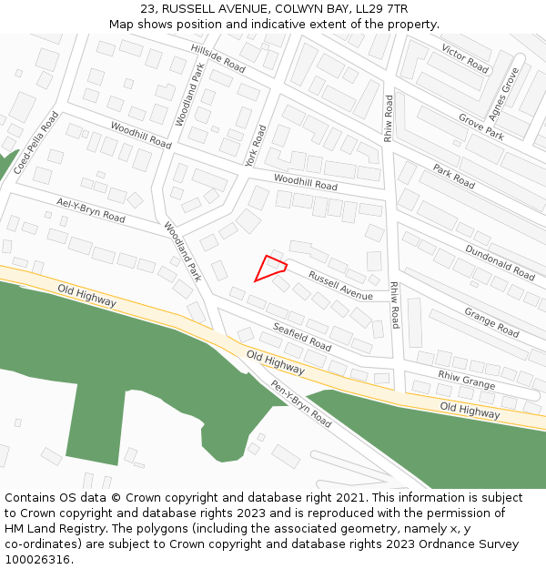 23, RUSSELL AVENUE, COLWYN BAY, LL29 7TR: Location map and indicative extent of plot