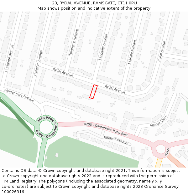 23, RYDAL AVENUE, RAMSGATE, CT11 0PU: Location map and indicative extent of plot