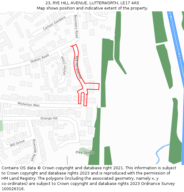 23, RYE HILL AVENUE, LUTTERWORTH, LE17 4AS: Location map and indicative extent of plot