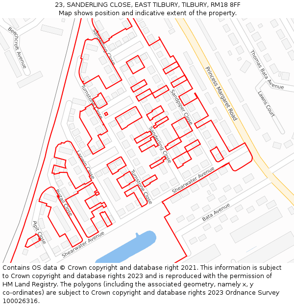 23, SANDERLING CLOSE, EAST TILBURY, TILBURY, RM18 8FF: Location map and indicative extent of plot