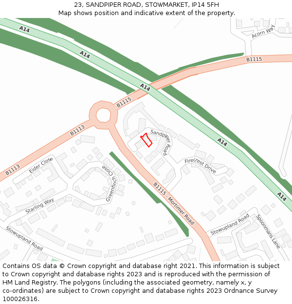 23, SANDPIPER ROAD, STOWMARKET, IP14 5FH: Location map and indicative extent of plot