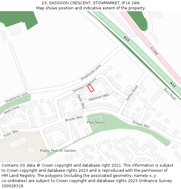 23, SASSOON CRESCENT, STOWMARKET, IP14 1WA: Location map and indicative extent of plot