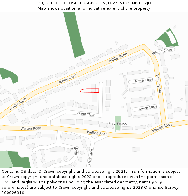 23, SCHOOL CLOSE, BRAUNSTON, DAVENTRY, NN11 7JD: Location map and indicative extent of plot