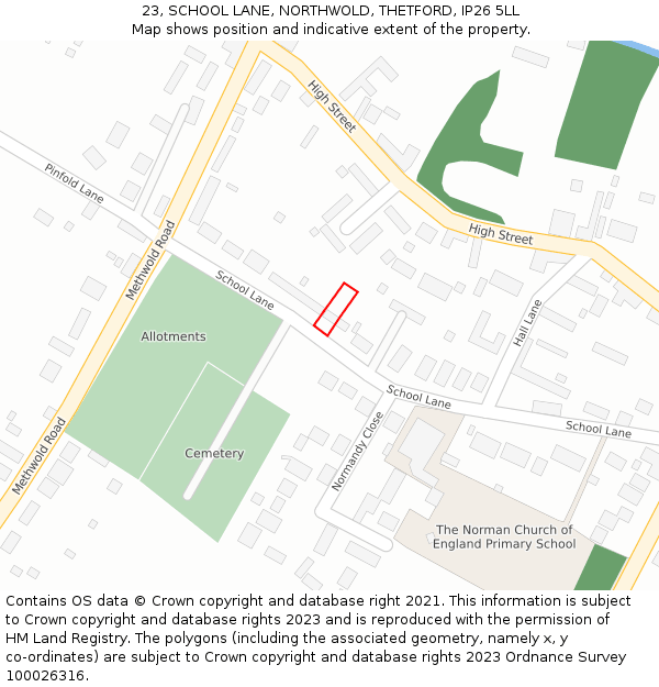 23, SCHOOL LANE, NORTHWOLD, THETFORD, IP26 5LL: Location map and indicative extent of plot