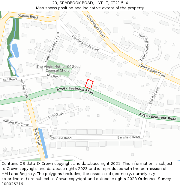 23, SEABROOK ROAD, HYTHE, CT21 5LX: Location map and indicative extent of plot