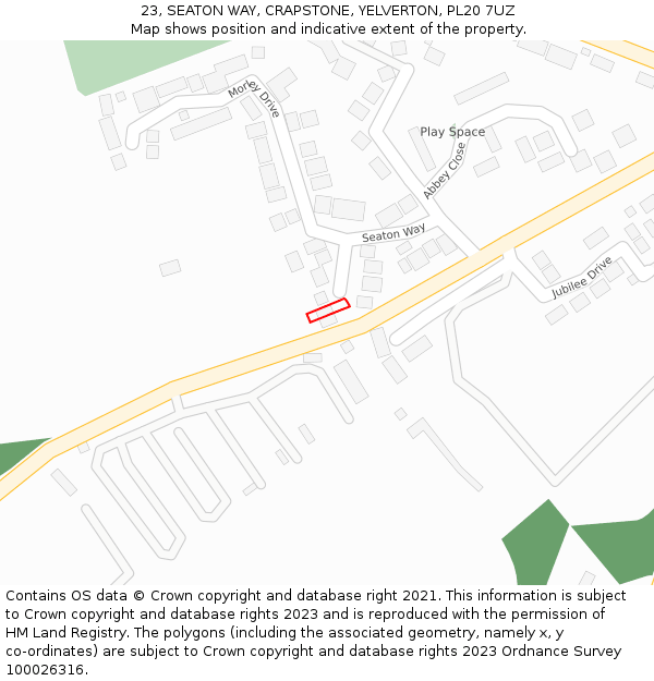 23, SEATON WAY, CRAPSTONE, YELVERTON, PL20 7UZ: Location map and indicative extent of plot