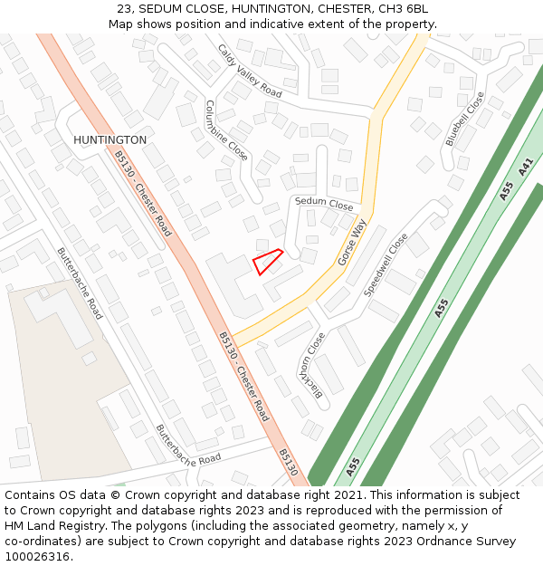 23, SEDUM CLOSE, HUNTINGTON, CHESTER, CH3 6BL: Location map and indicative extent of plot