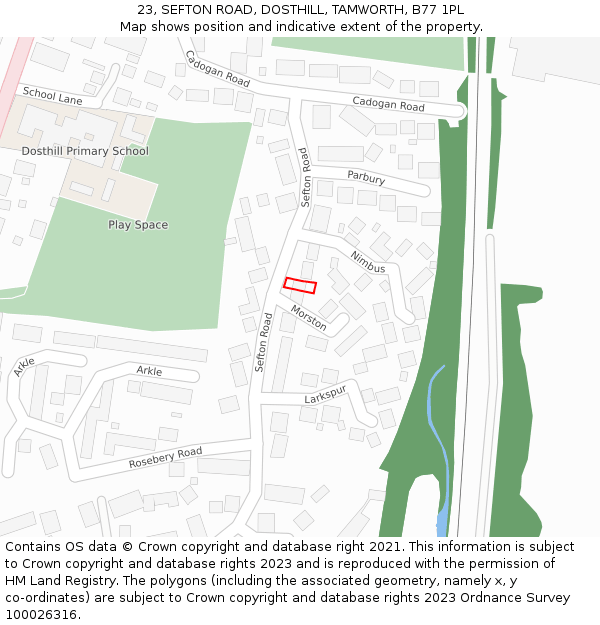 23, SEFTON ROAD, DOSTHILL, TAMWORTH, B77 1PL: Location map and indicative extent of plot