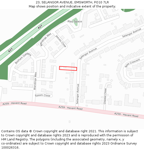 23, SELANGOR AVENUE, EMSWORTH, PO10 7LR: Location map and indicative extent of plot