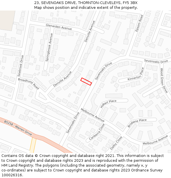 23, SEVENOAKS DRIVE, THORNTON-CLEVELEYS, FY5 3BX: Location map and indicative extent of plot