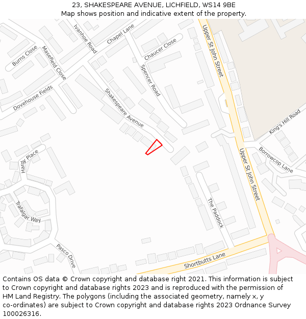 23, SHAKESPEARE AVENUE, LICHFIELD, WS14 9BE: Location map and indicative extent of plot