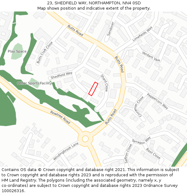 23, SHEDFIELD WAY, NORTHAMPTON, NN4 0SD: Location map and indicative extent of plot