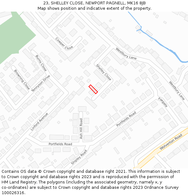 23, SHELLEY CLOSE, NEWPORT PAGNELL, MK16 8JB: Location map and indicative extent of plot