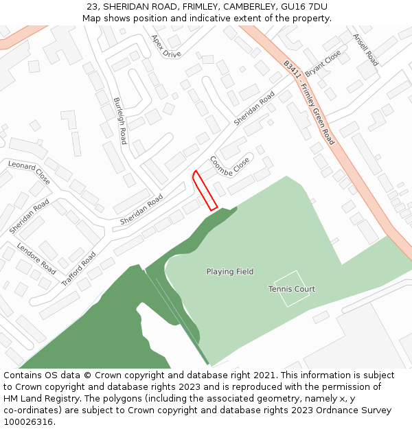 23, SHERIDAN ROAD, FRIMLEY, CAMBERLEY, GU16 7DU: Location map and indicative extent of plot