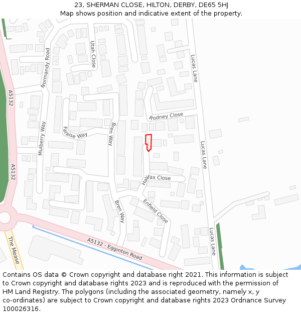 23, SHERMAN CLOSE, HILTON, DERBY, DE65 5HJ: Location map and indicative extent of plot