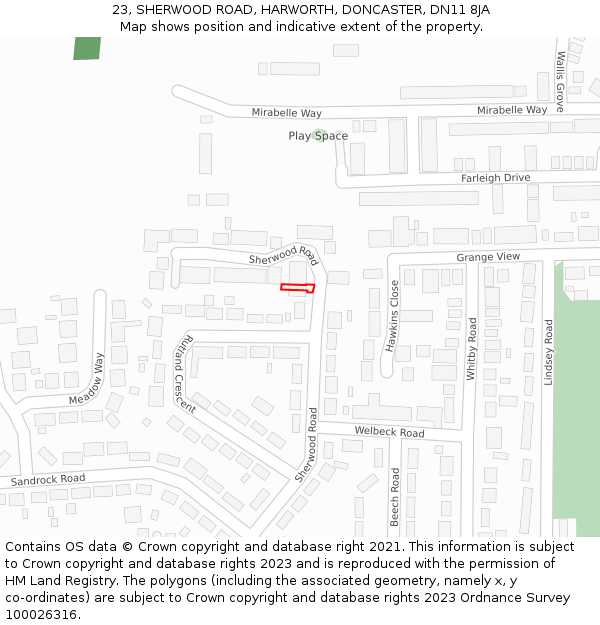 23, SHERWOOD ROAD, HARWORTH, DONCASTER, DN11 8JA: Location map and indicative extent of plot