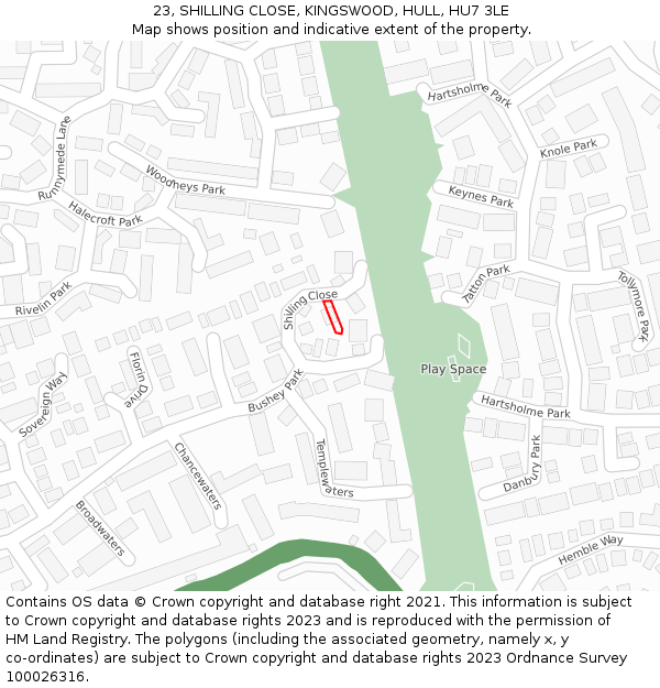 23, SHILLING CLOSE, KINGSWOOD, HULL, HU7 3LE: Location map and indicative extent of plot