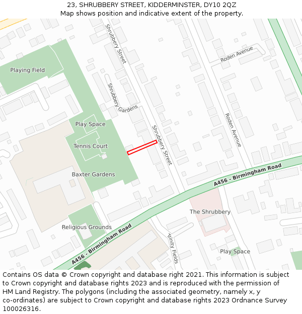 23, SHRUBBERY STREET, KIDDERMINSTER, DY10 2QZ: Location map and indicative extent of plot
