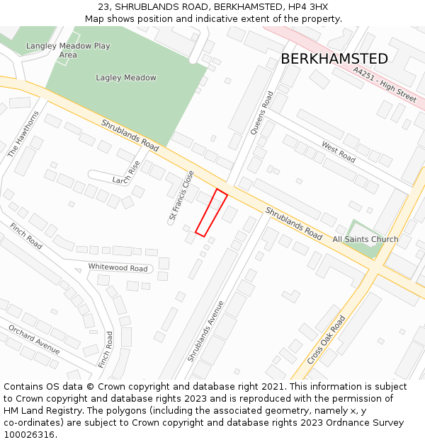 23, SHRUBLANDS ROAD, BERKHAMSTED, HP4 3HX: Location map and indicative extent of plot