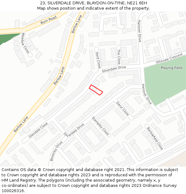 23, SILVERDALE DRIVE, BLAYDON-ON-TYNE, NE21 6EH: Location map and indicative extent of plot