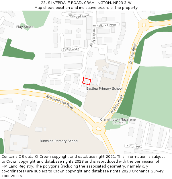 23, SILVERDALE ROAD, CRAMLINGTON, NE23 3LW: Location map and indicative extent of plot