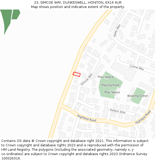 23, SIMCOE WAY, DUNKESWELL, HONITON, EX14 4UR: Location map and indicative extent of plot