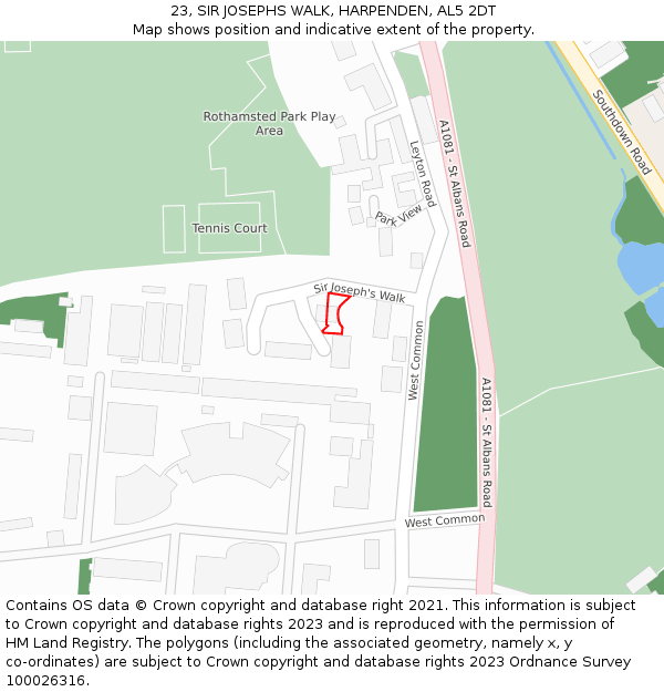 23, SIR JOSEPHS WALK, HARPENDEN, AL5 2DT: Location map and indicative extent of plot
