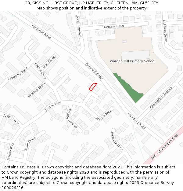 23, SISSINGHURST GROVE, UP HATHERLEY, CHELTENHAM, GL51 3FA: Location map and indicative extent of plot