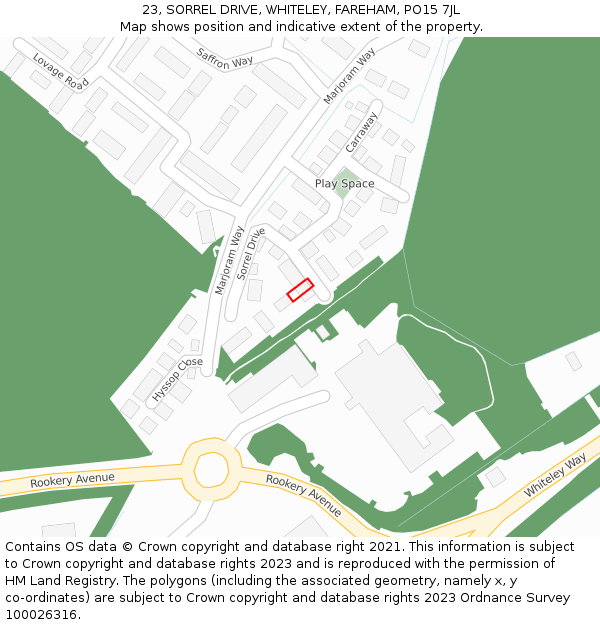 23, SORREL DRIVE, WHITELEY, FAREHAM, PO15 7JL: Location map and indicative extent of plot