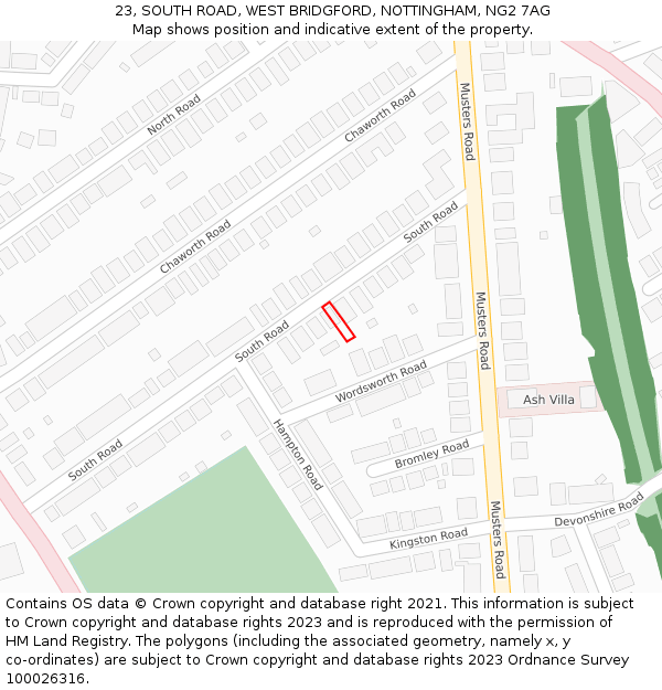 23, SOUTH ROAD, WEST BRIDGFORD, NOTTINGHAM, NG2 7AG: Location map and indicative extent of plot