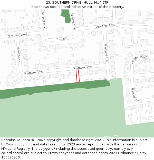 23, SOUTHERN DRIVE, HULL, HU4 6TR: Location map and indicative extent of plot