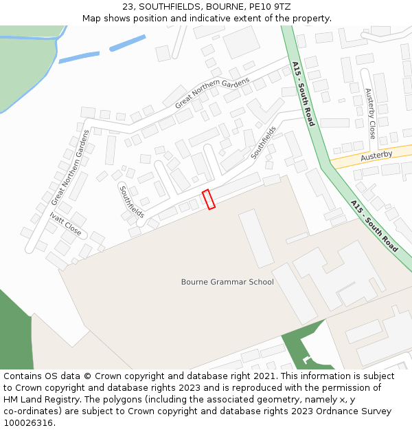 23, SOUTHFIELDS, BOURNE, PE10 9TZ: Location map and indicative extent of plot