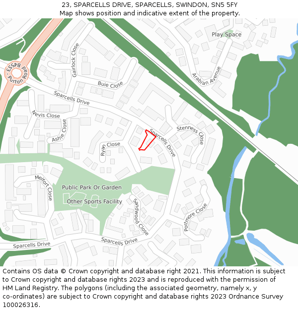 23, SPARCELLS DRIVE, SPARCELLS, SWINDON, SN5 5FY: Location map and indicative extent of plot