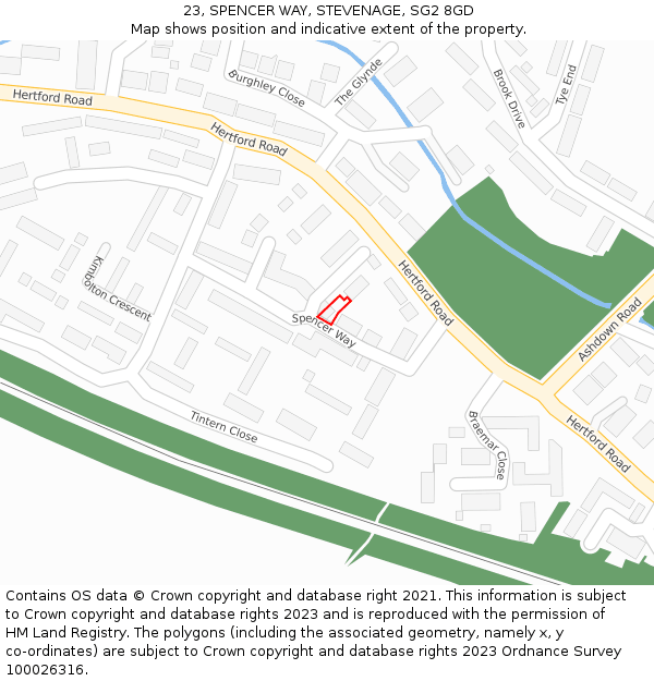 23, SPENCER WAY, STEVENAGE, SG2 8GD: Location map and indicative extent of plot