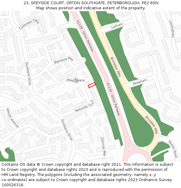 23, SPEYSIDE COURT, ORTON SOUTHGATE, PETERBOROUGH, PE2 6SN: Location map and indicative extent of plot