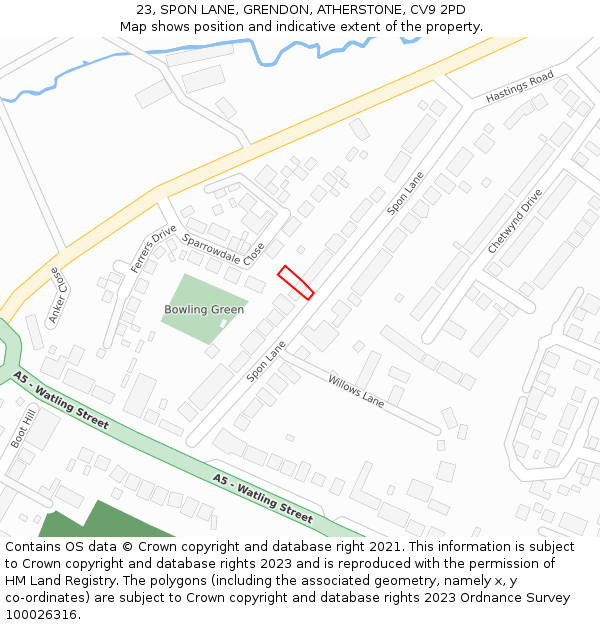 23, SPON LANE, GRENDON, ATHERSTONE, CV9 2PD: Location map and indicative extent of plot