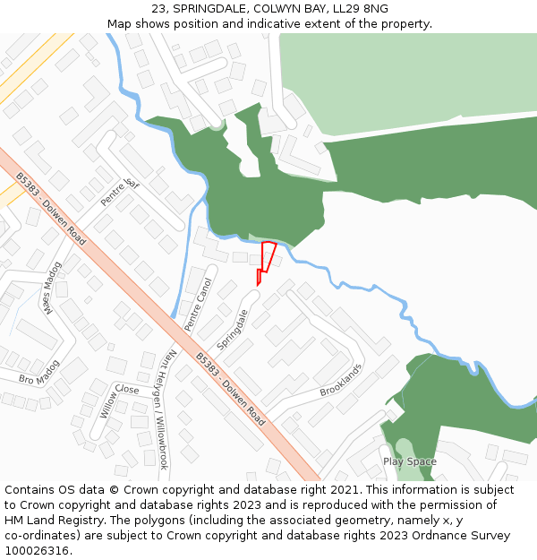 23, SPRINGDALE, COLWYN BAY, LL29 8NG: Location map and indicative extent of plot