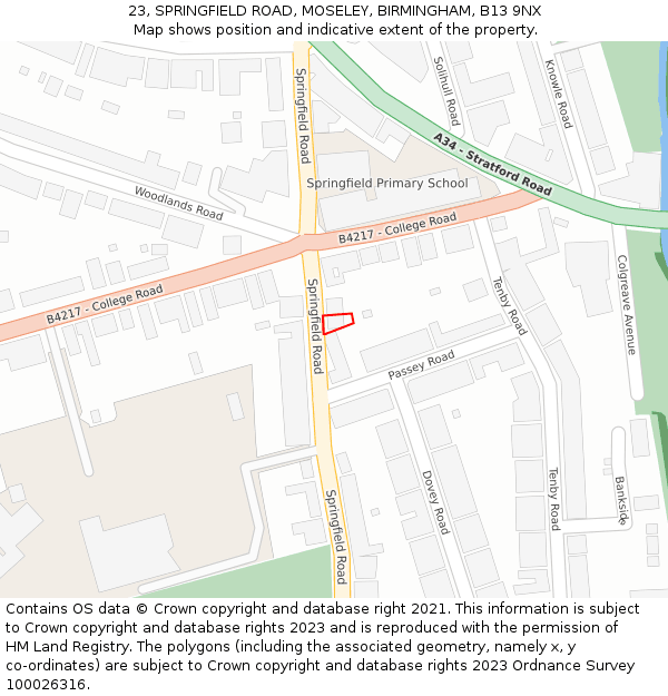 23, SPRINGFIELD ROAD, MOSELEY, BIRMINGHAM, B13 9NX: Location map and indicative extent of plot