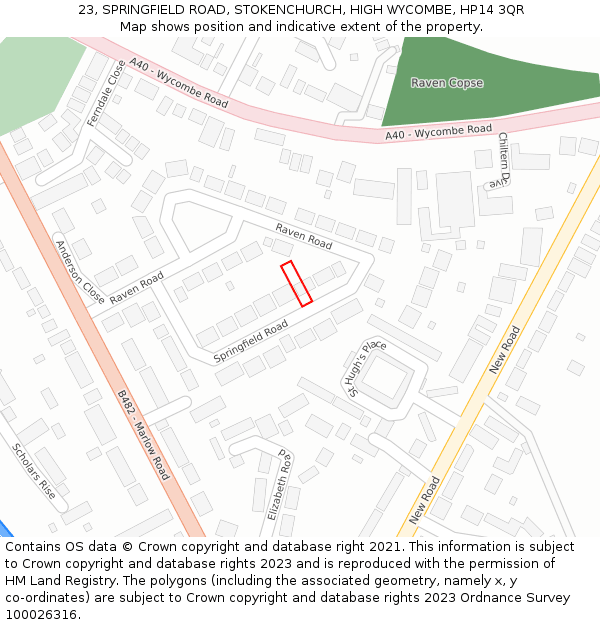 23, SPRINGFIELD ROAD, STOKENCHURCH, HIGH WYCOMBE, HP14 3QR: Location map and indicative extent of plot