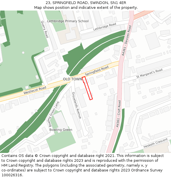 23, SPRINGFIELD ROAD, SWINDON, SN1 4ER: Location map and indicative extent of plot