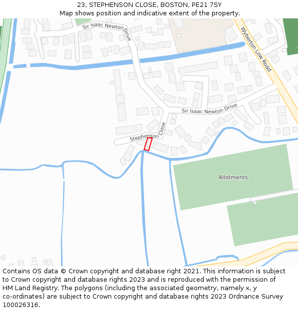 23, STEPHENSON CLOSE, BOSTON, PE21 7SY: Location map and indicative extent of plot