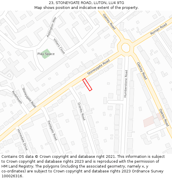 23, STONEYGATE ROAD, LUTON, LU4 9TG: Location map and indicative extent of plot